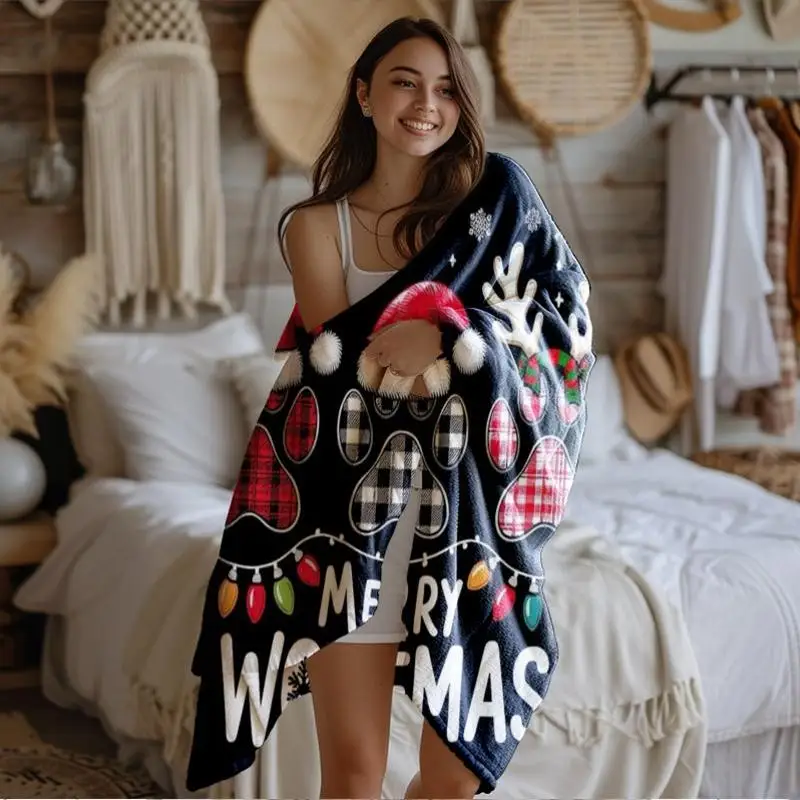 2D Flat Printing, 1pc Christmas Fun Cute Pet-Style Blanket, Printed with Plaid Pet Paw Prints, Christmas Hat, Reindeer Antlers,