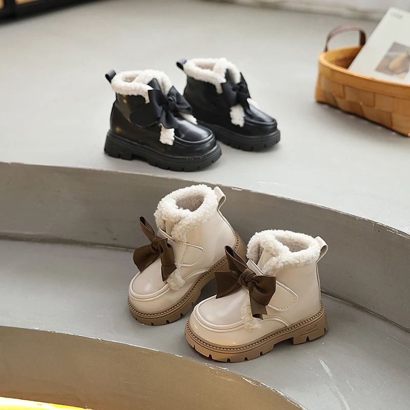 

Children Causal Princess Cotton Boots Winter Bowknot Girls Fashion Ankle Boots Elegant Wedding Party Kids Platform Plush Boots