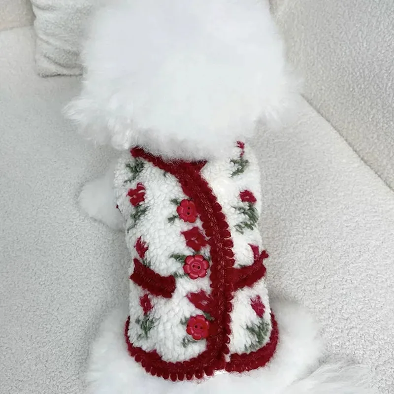 

Teddy Rose Floral Waistcoat Winter Warm Thickened Pet Clothes Cozy Sleeveless Dog Jacket Vest for Bichon Frise