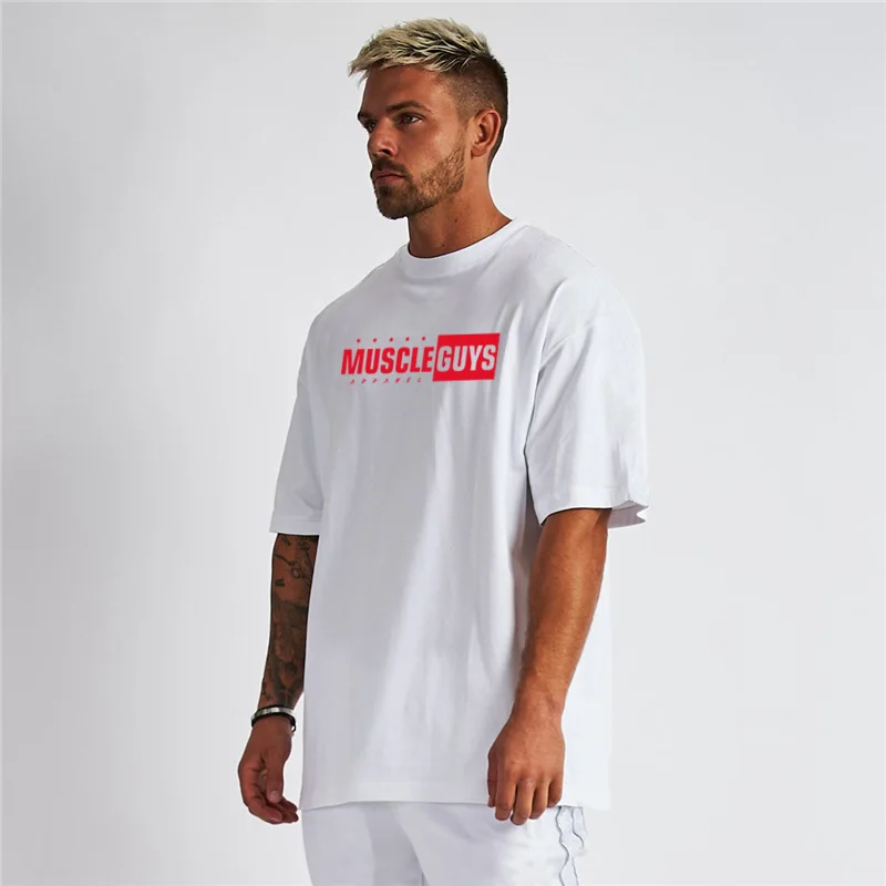 5 Colors Oversized Loose Short Sleeve Mens Dropped Shoulder T-shirt Summer Casual Breathable Cotton Cool Gym Bodybuilding Tops