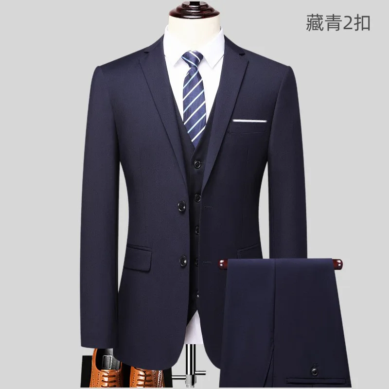 Two-Button Solid Suit Jacket Trousers Set Men's Business Formal Wear