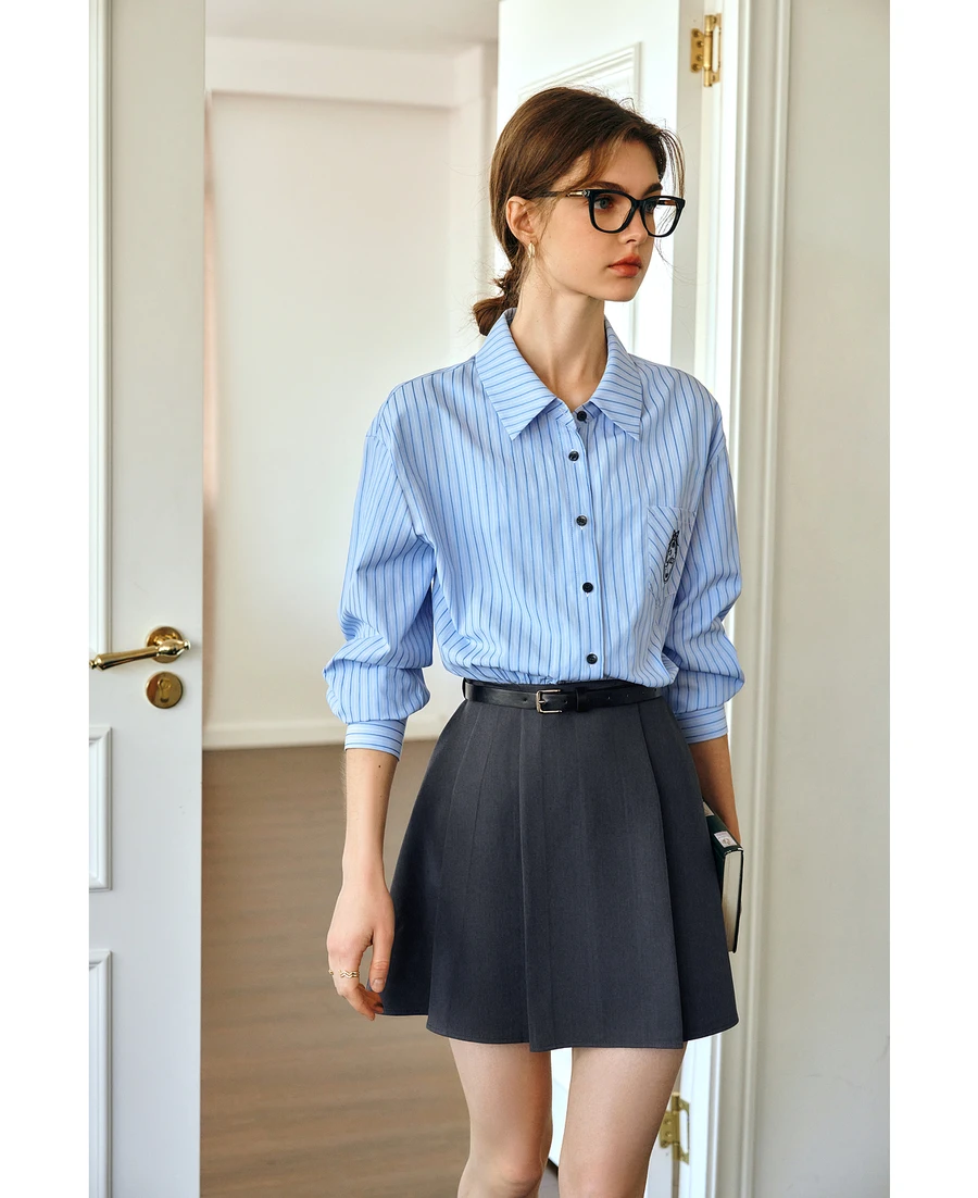 OLrain Striped Women's Dresses 2025 Autumn New Embroidery Long Sleeve Patchwork Pleated Button A-line Mini Dress M57CL96298