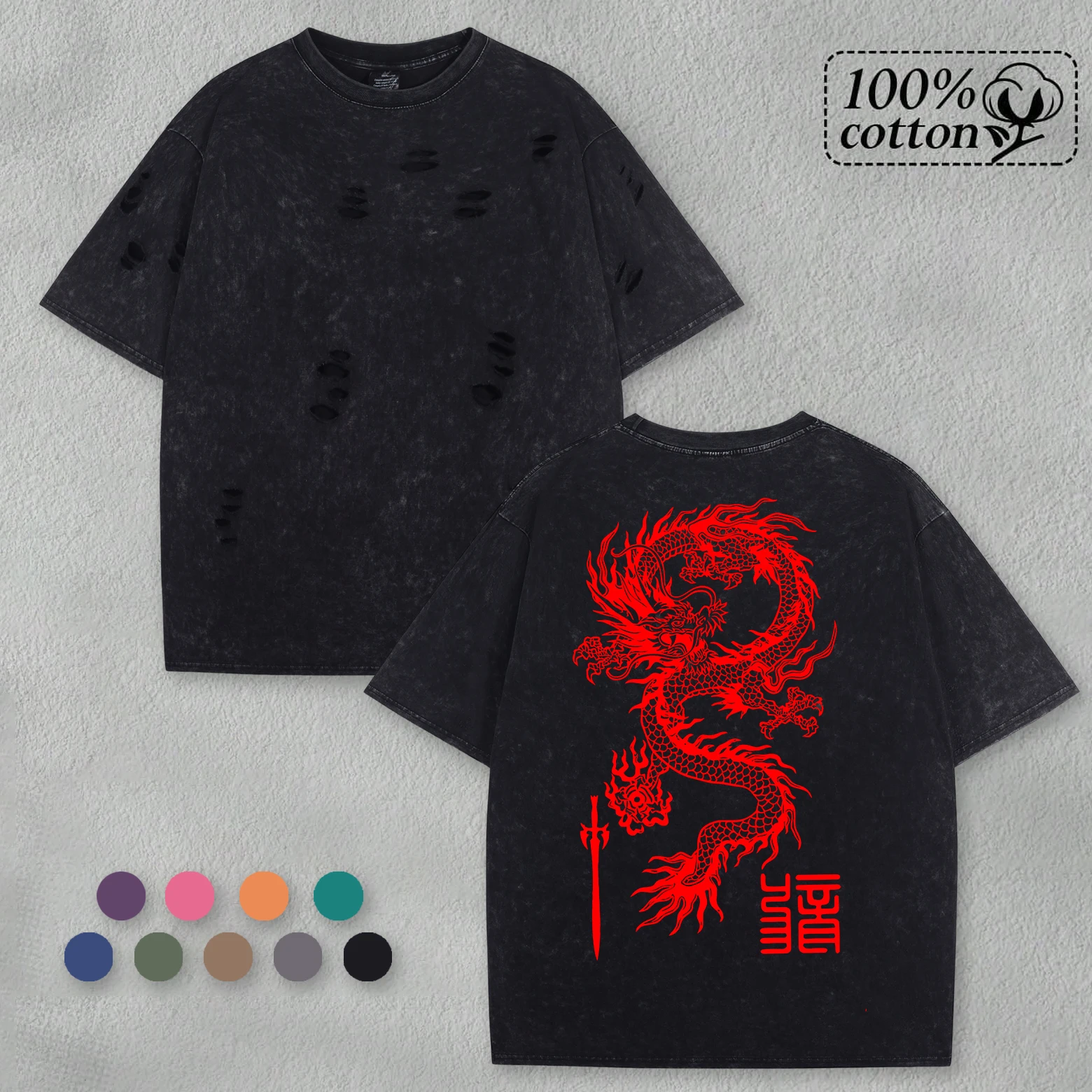 

Футболки в стиле ретро с принтом драконов из Китая, хлопковые свободные мужские футболки с креативными отверстиями, модный топ, мягкая одежда унисекс для стирки снега