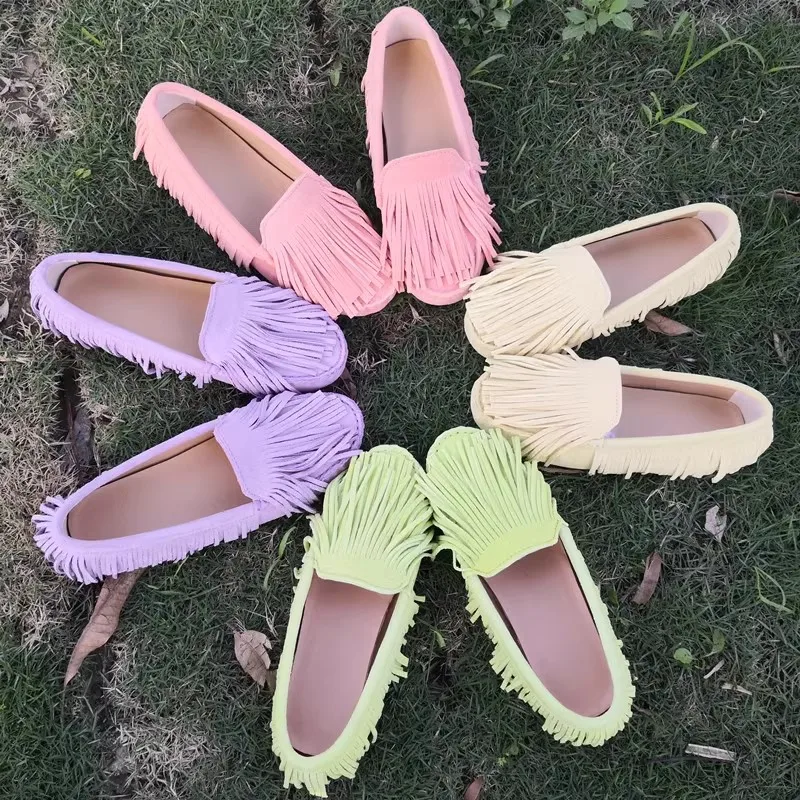 New Real Leather Tassel Covered Flat Ballet Shoes Round Toe Comfortable Leisure Shoes Fringed Moccasin Gommino Shoes