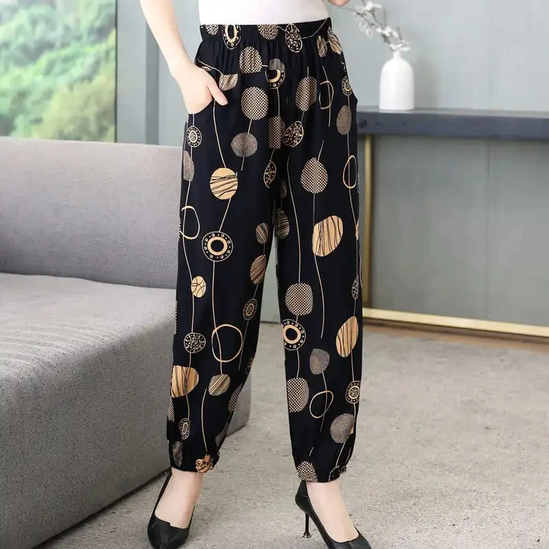 Mom's Lantern Pants Summer Vintage Floral Printed Cotton Silk Pants Middle Aged Women Elegant Trousers Casual Cropped Pantalon