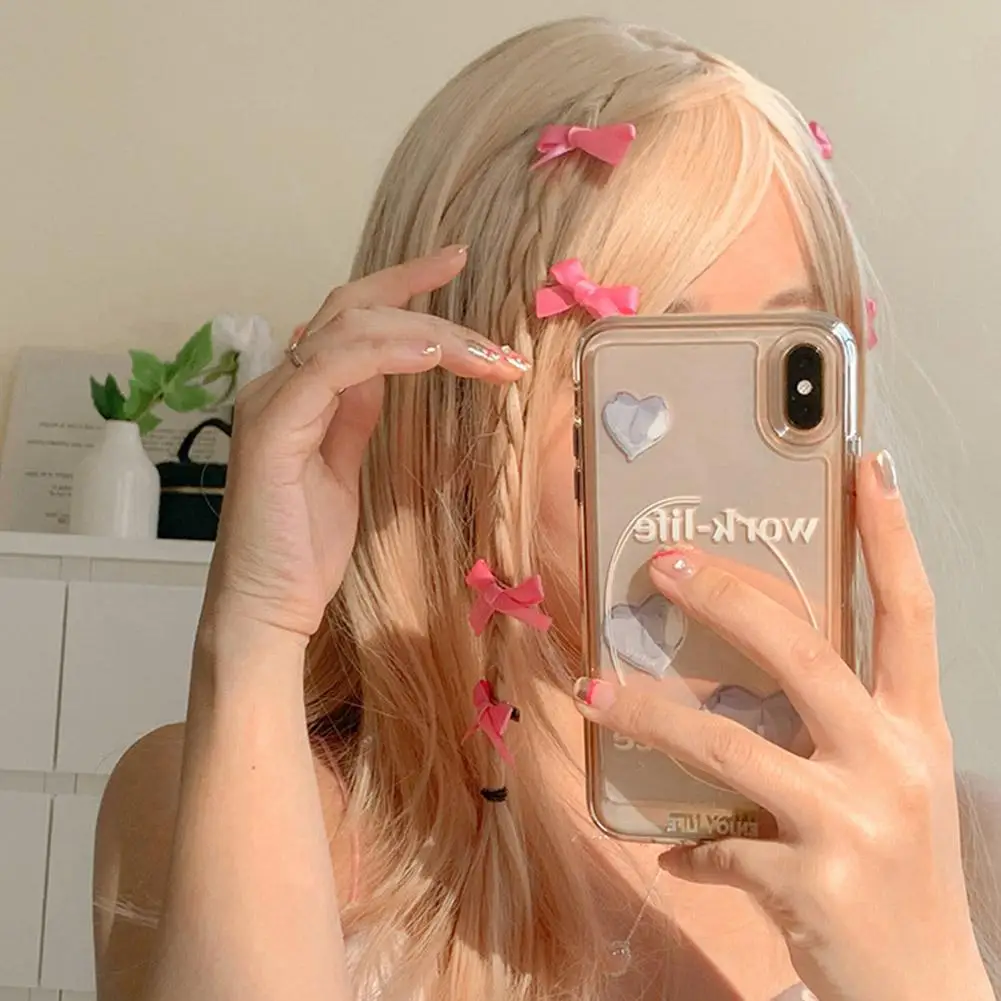 핑크 리본 활 작은 머리핀 이마 클립 머리 장식 브레이드, 귀여운 클립 헤어 및 스위트 클립 헤어, 다목적 인스 액세서리