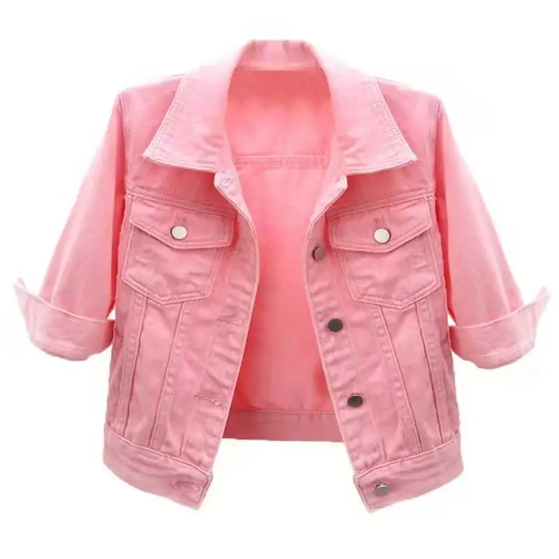 Autumn New Slim Fit Color Mid Sleeved Denim Jacket Women, Short Style Seven Jacket Camisole Shoulder Small Shawl Top