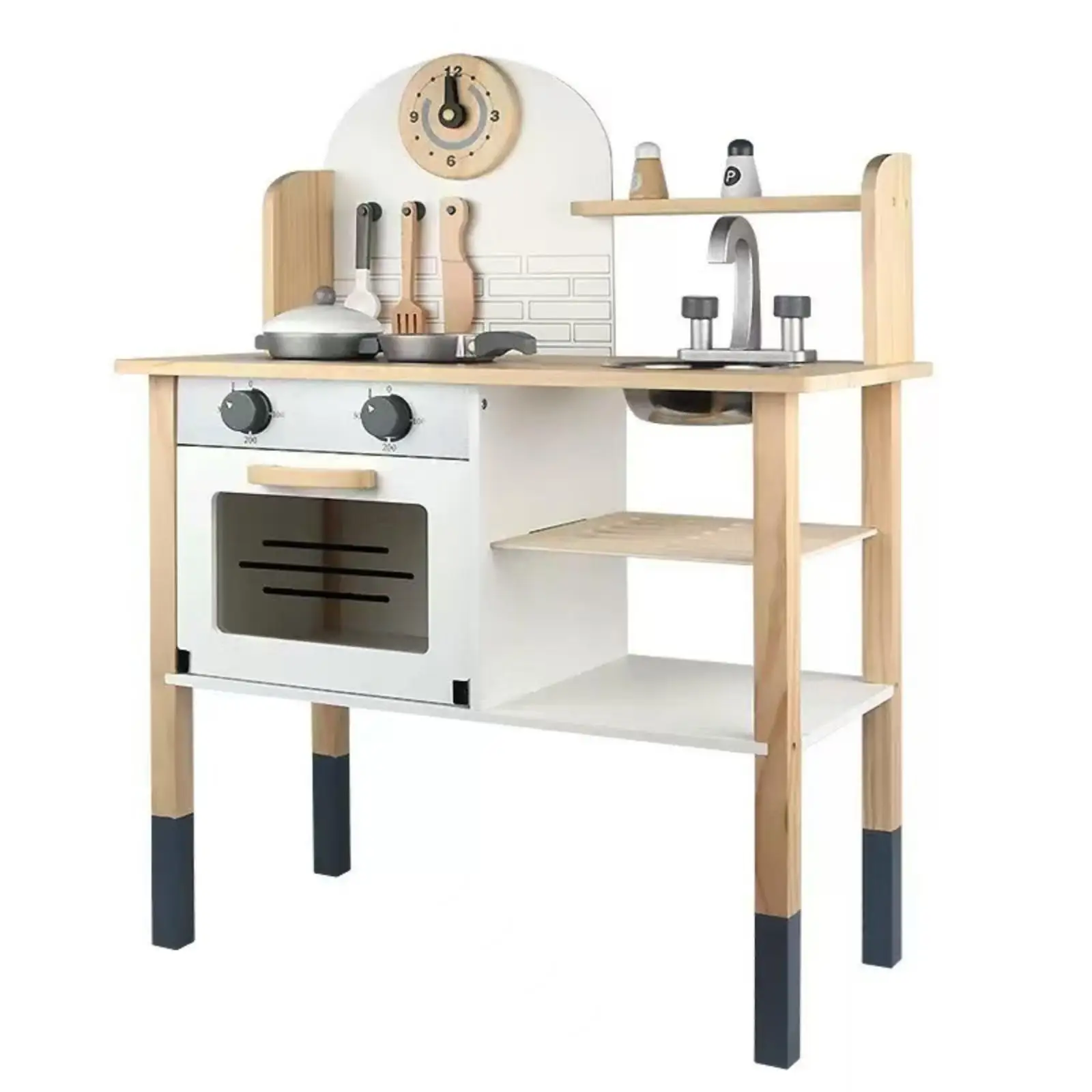 Wooden Play Kitchen Freestanding Children's Kitchen Playset Sturdy for Young Children, Pretend Chefs, Playroom, Daycare, Home