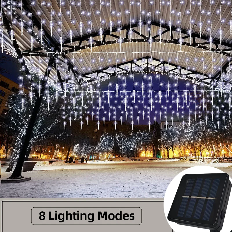 96/162LED Garland LED Icicle Curtain String Lights Droop Outdoor Solar Light String Garden Street Wedding Decorative Lighting