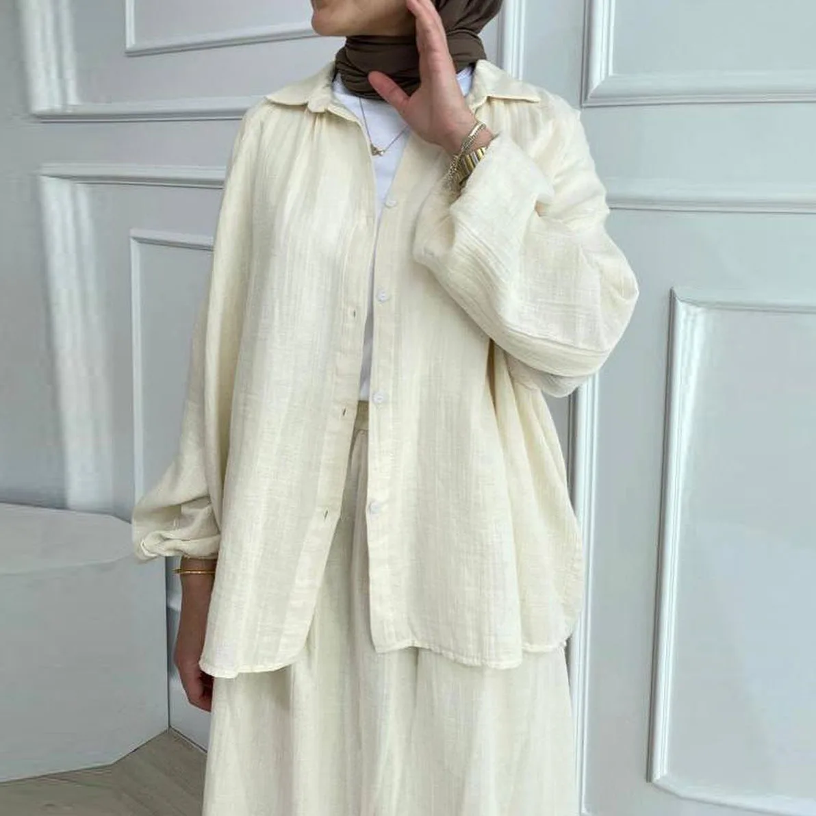 Casual Puffed Sleeve Shirt Muslim Sets Turn Down Collar Single-breasted Blouse Wide Leg Pant Suits Women Matching Set Outfits