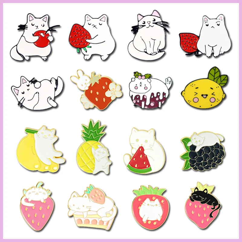 Strawberry Cat Enamel Pins Banana Watermelon Grape Kitten Brooch Lovely Fruit Animal Badges Lapel Jewelry Gift For Kids Friends