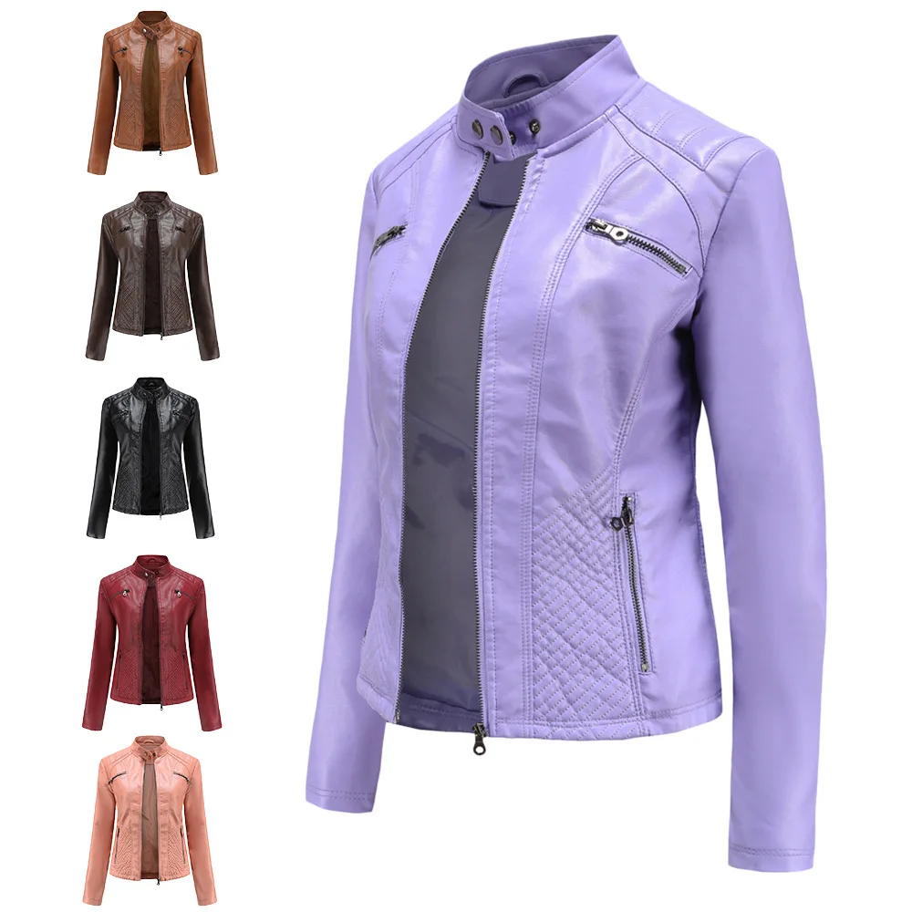 2024 new women\'s casual leather jacket standing collar slim solid color coat