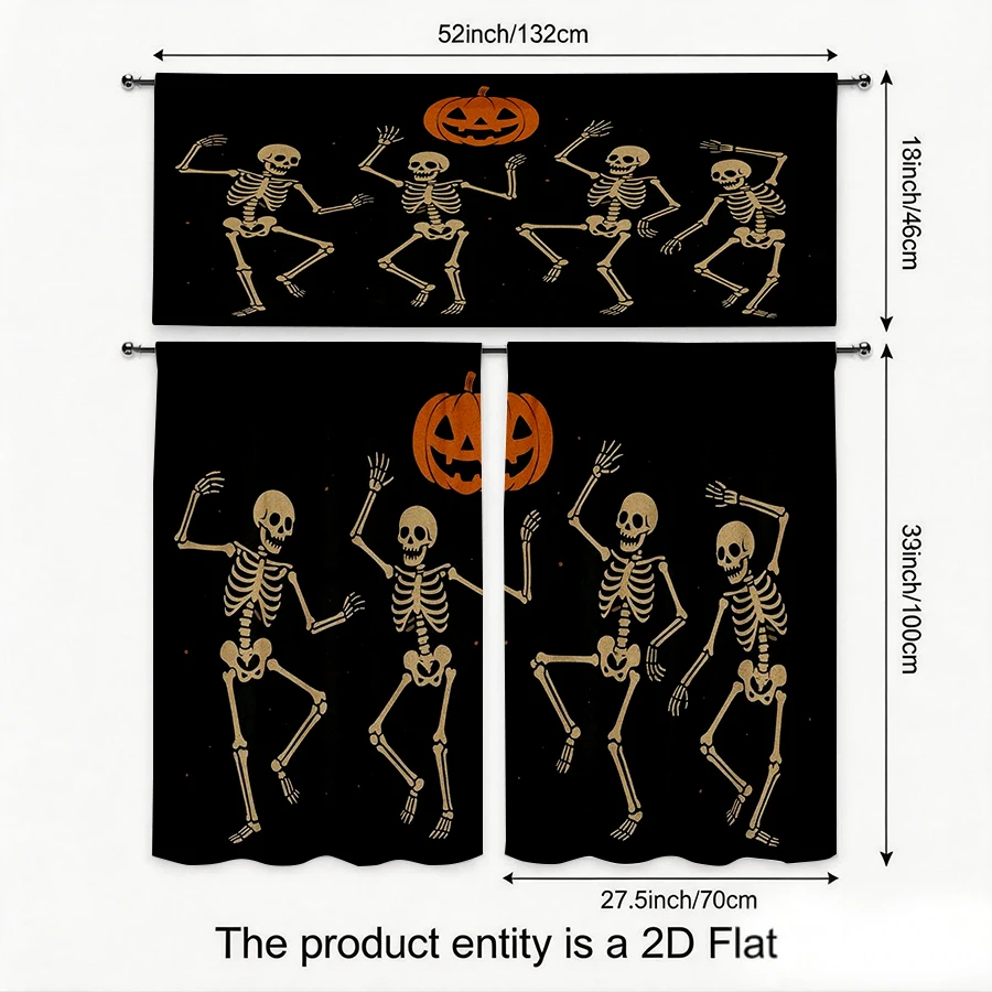 Halloween Fall Kitchen Curtains, Dancing Skeleton Pumpkin, Digital Print, Kitchen Dining Room, Rod Pocket Polyester, Home Decor