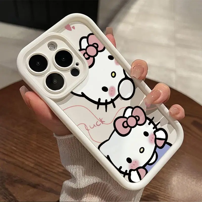 Sanurgente-Coques en silicone liquide Hello Kitty pour iPhone, coque mignonne, coque souple antichoc, originale, iPhone 16, 15, 14, 13, 11, 12Pro