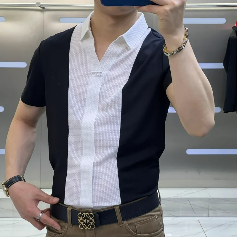 Summer New Advanced Simple Fashion Smart Casual Short Sleeved Shirt Men's Panelled Lapel Versatile Slim Patchwork Loose Thin Top