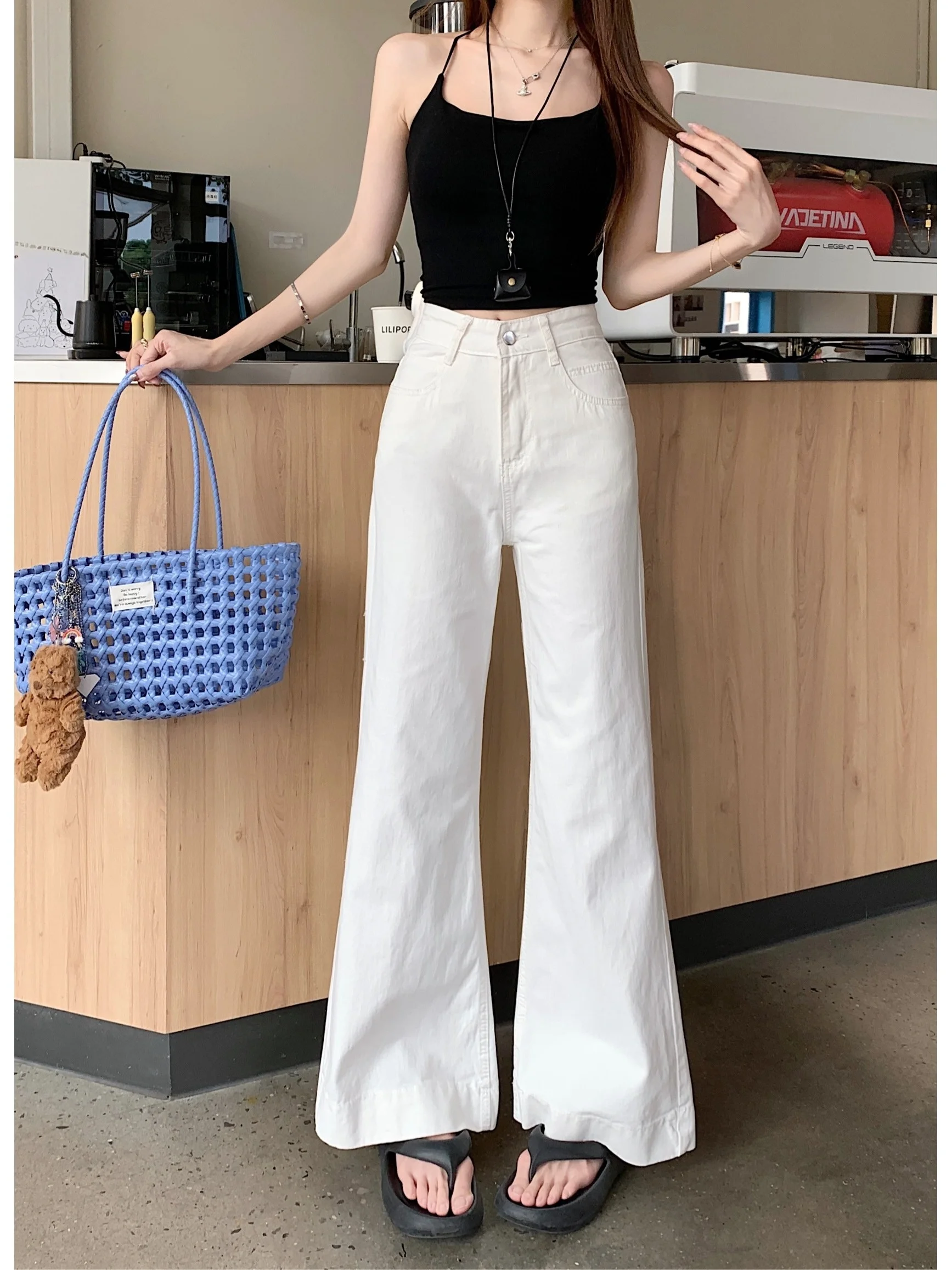 

Casual High Waist Wide Leg Jeans Women's White Summer New Style Slimming Straight Cut Trousers Multi Pocket Sweet Cool Style