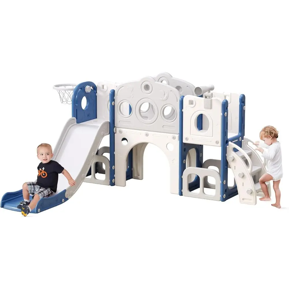 

All-in-One Toddler Slide Playset for Ages 1-3, Indoor/Outdoor, with Storage, Non-Slip Steps, Basketball Hoop, Blue & White