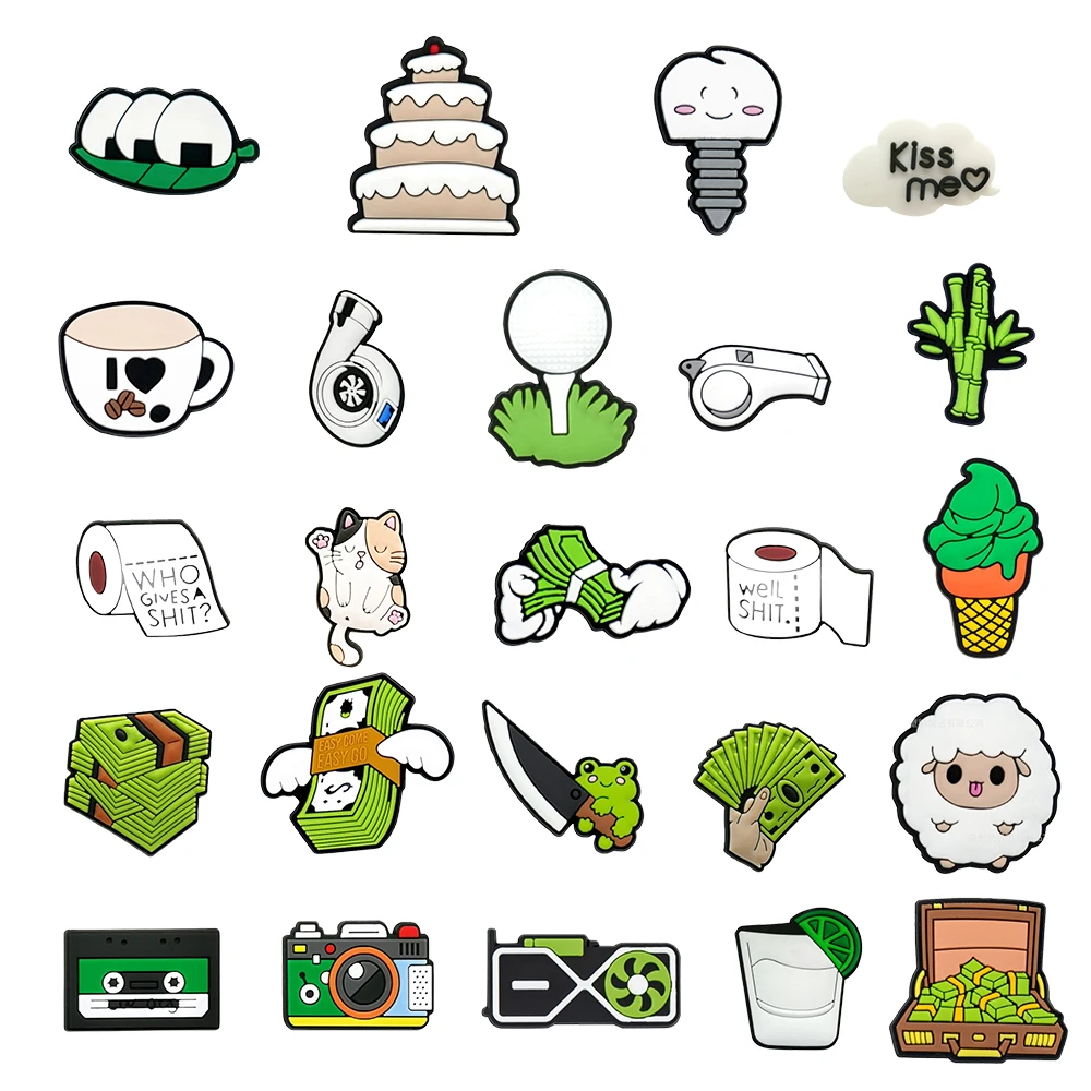 12-24PCS Money Cake Coffee Funny Animal Shoe Charm Wholesale PVC Wristband Decor Buckle Sandal Detachable Waterproof Xmas Gift