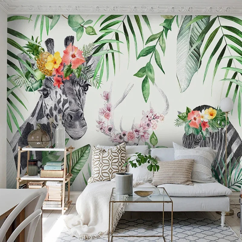 Custom 3D Photo Wallpaper Mural Hand Painted Cute Fresh Tropical Plant Cartoon Animal Children Room Bedroom Decoration Picture