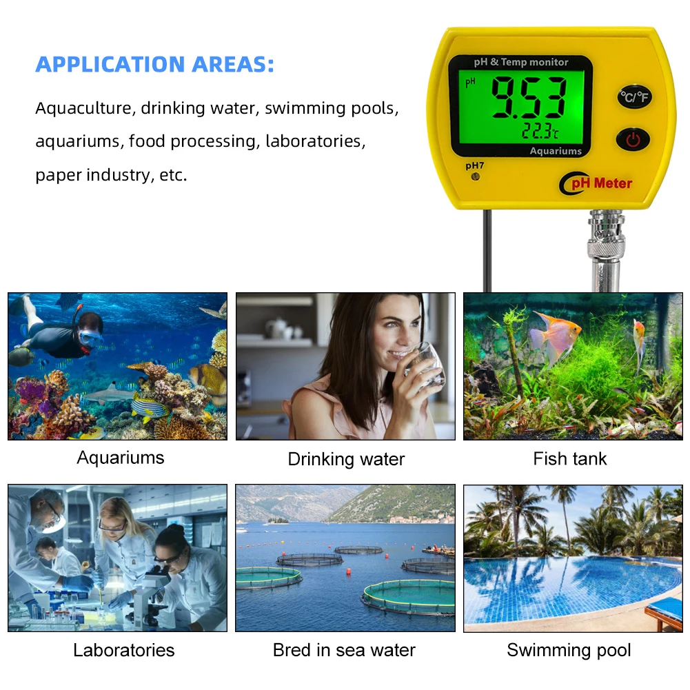 Yieryi PH Meter with Backlight Online PH-991 Aquarium PH Tester Temp Monitor Durable Acidimeter Tool for Tank Swim Pool Water