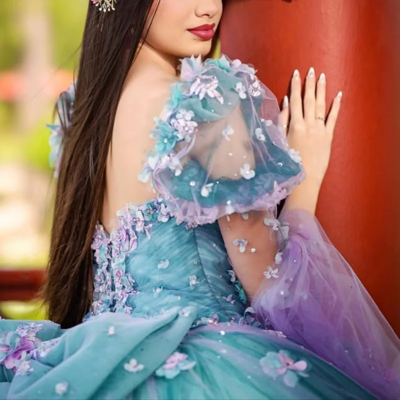 연한 색상의 킨세아녜라 드레스 레이스 튤 글리터 데칼 롱테일 3D 꽃 장식 리본 베스티도스 데 15 킨세아녜라 ﻿ 맞춤형