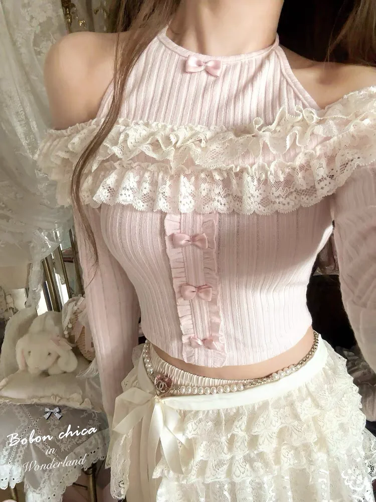 

Princess sweet lolita Shirts bobon21 Spring Cherry bow Lace Cake Fake Two Off Shoulder Thin Knitted Shirts T2389