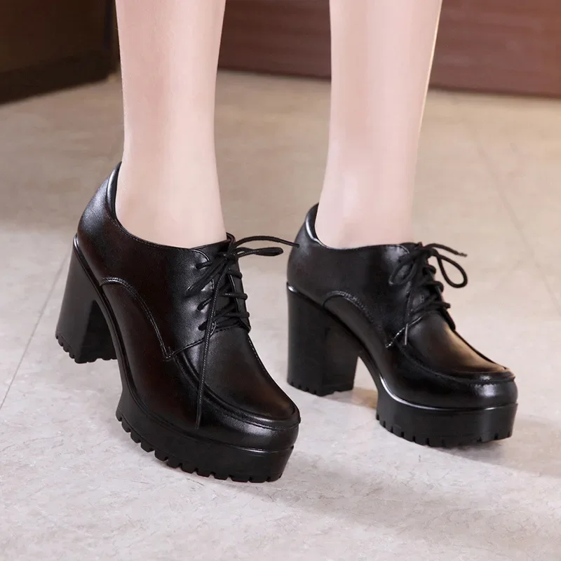 8cm Small Size 32-43 British Deep Mouth Thick Bottom Platform Pumps Winter 2024 Block High Heels Shoes Office Model Oxfords