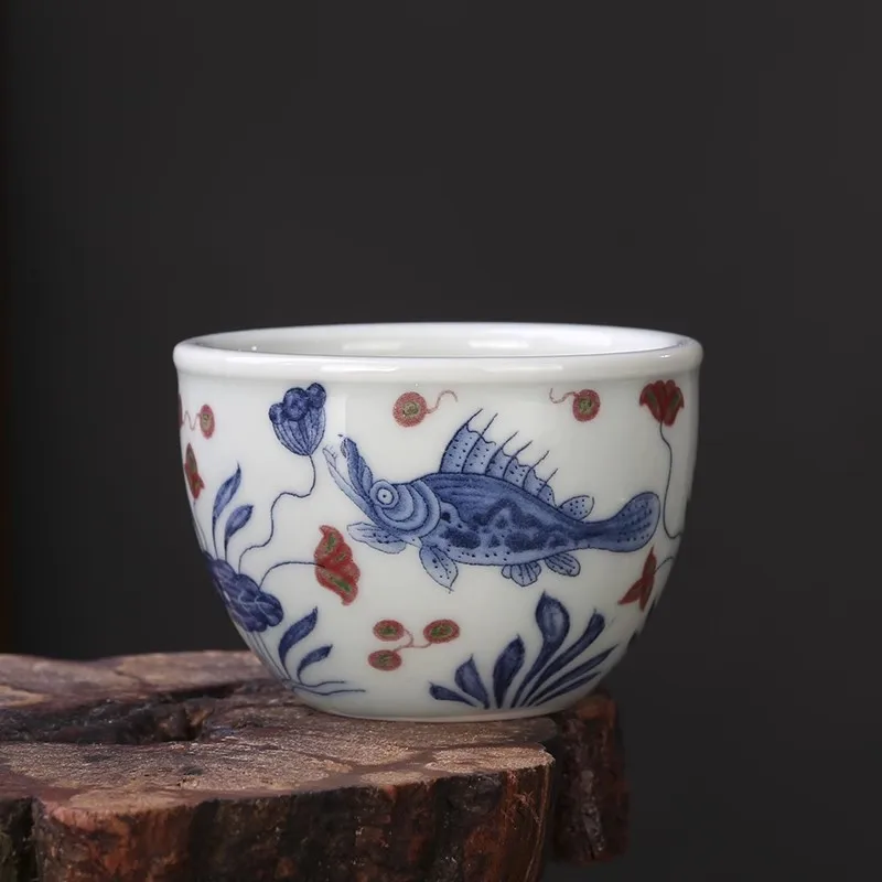 Qianlong Blue and White Underglaze Red Fishweed Cup