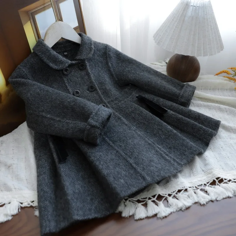 Handmade Girls Double-sided Cashmere Coat Autumn and Winter Retro Woolen Children's Sweet Christmas Coat kids boutique jacket