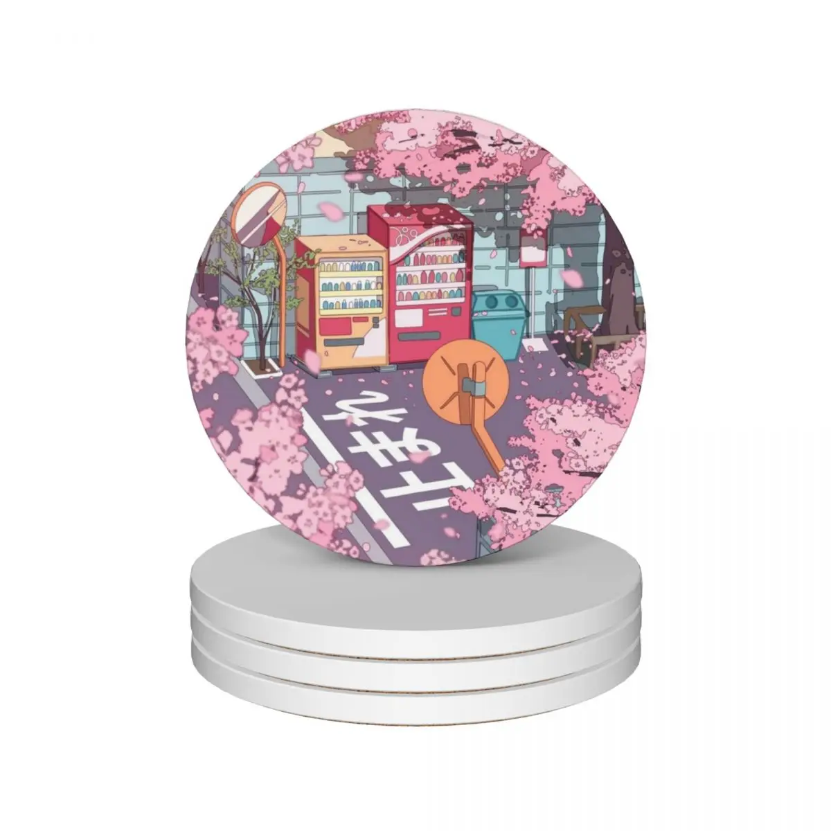 

A beautiful aesthetic Tokyo street and the pink sakura tree blossom Ceramic Coasters (Set of 4) cute cup Coasters