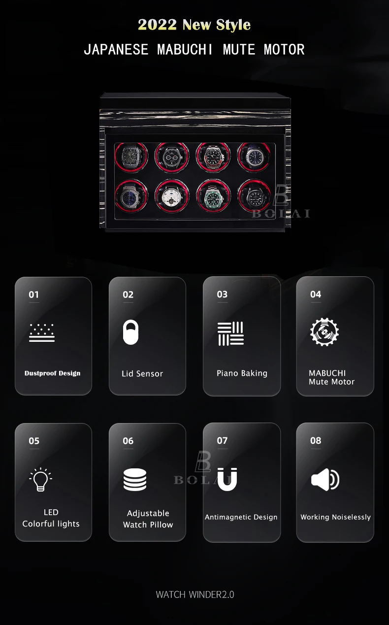 BOLAI Brand Automatic Watch Winder Luxury Wood Watch Safe Box Touch Control and LED Interior Backlight Watches Storage Box