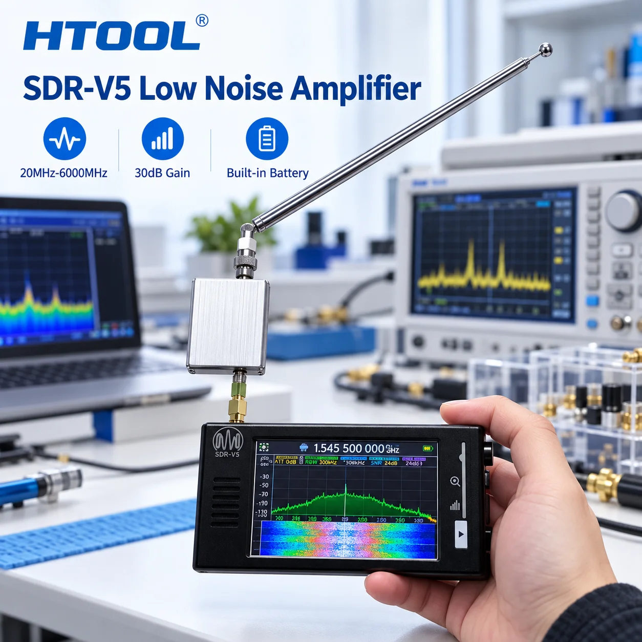 HTOOL SDR-V5 Portable SDR Receiver with Optional HT004A 30dB Low Noise Amplifier Kit 20MHz-6000MHz