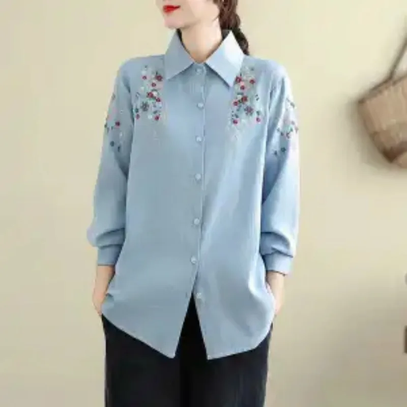 

Весенне-осенняя универсальная джинсовая рубашка с литературной вышивкой, свободная рубашка-поло с воротником и длинными рукавами, женский топ