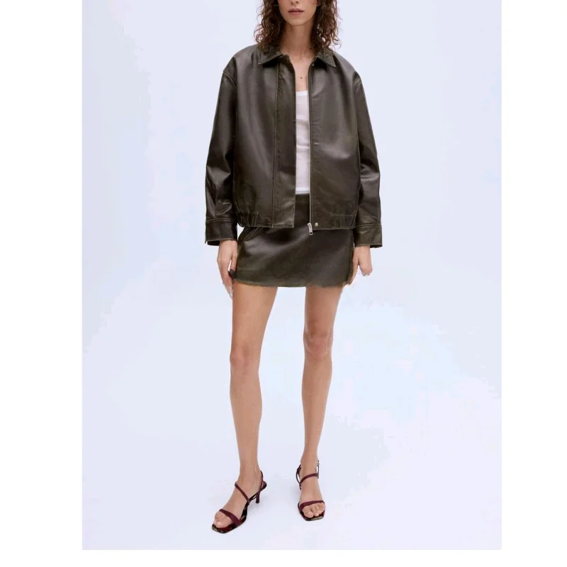 Nuovo autunno donna moto Sle lungo Sve PU pelle pilota Jaet cappotto colletto alla coreana chiusura con cerniera Casual Faion esterno...