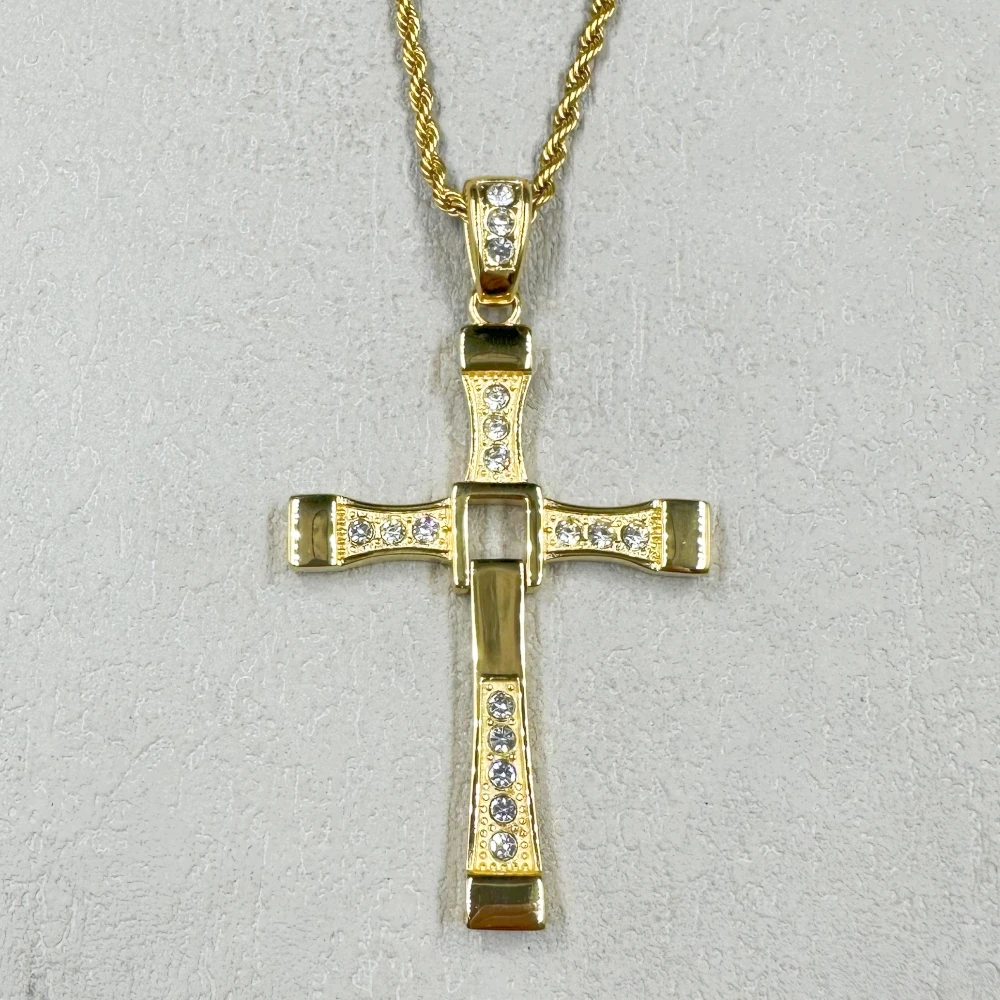 HIP hop Men/Women Cross Pendant Necklace with rhinestone Gold Color 316L Stainless Steel Necklace Popular Jewelry