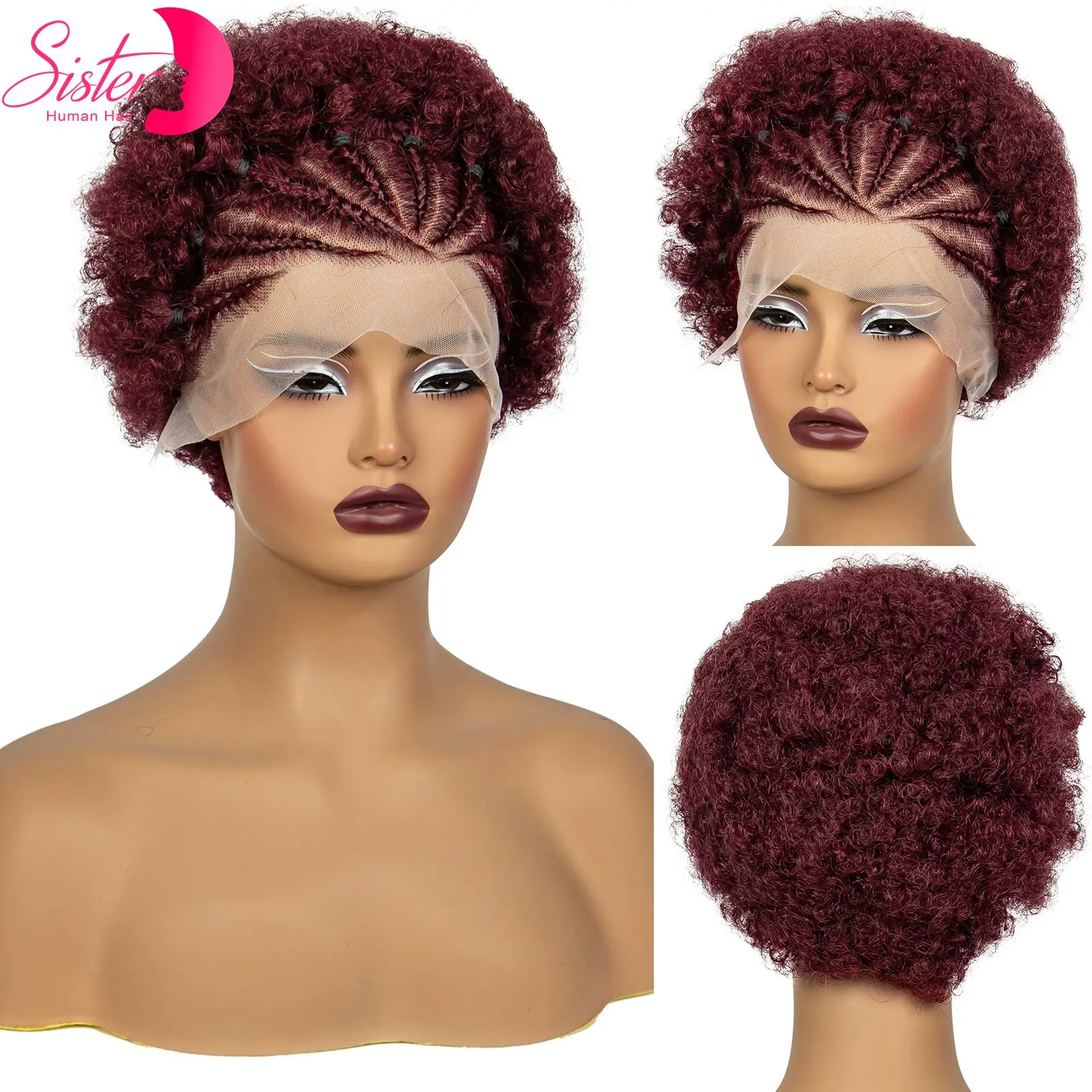 99J# Burgundy Afro Kinky Curly Human Hair Wigs with Cornrow Braids 13x4 Transparent Lace Frontal Short Curly Bob Wigs for Women