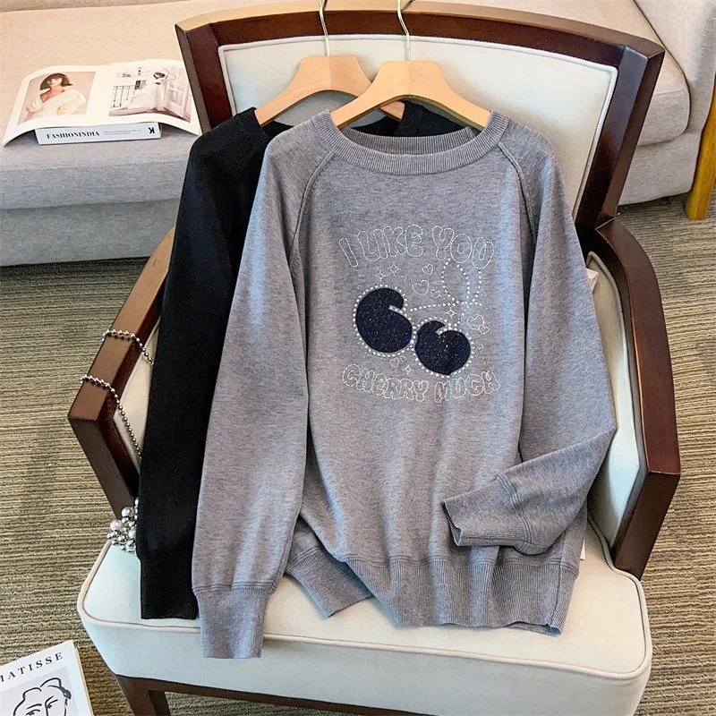 

Женский вязаный свитер больших размеров 170 кг, осень-зима 160, с круглым вырезом и бриллиантами, черный, серый, 4XL, 5XL, 6XL, 7XL, 8XL, 9XL