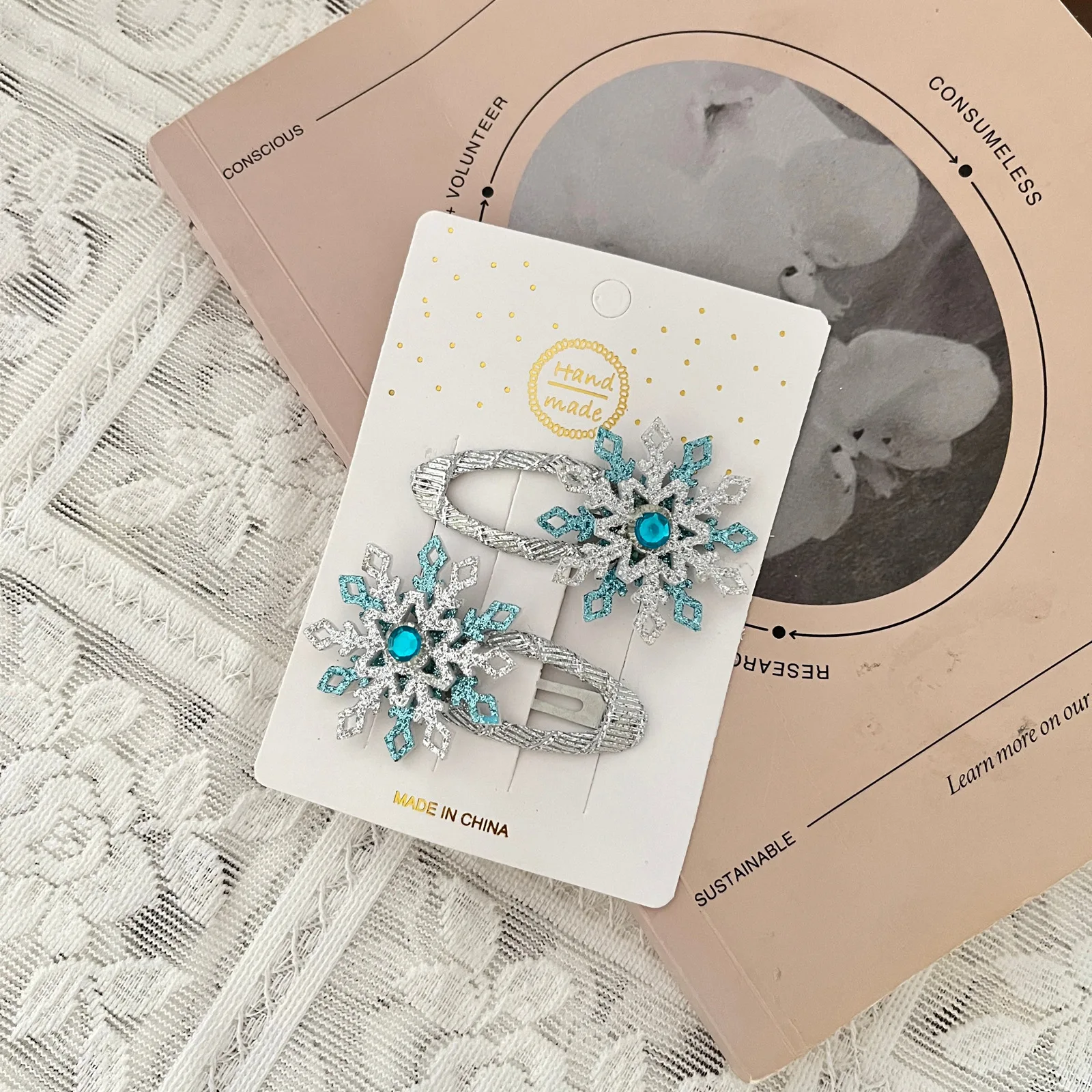 

Sparkly Snowflake Full Wrap Fabric Hair Clips for Girls Cute Princess Side Bang Barrettes Toddler Children Daily Headwear