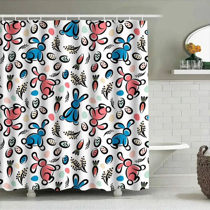 

Bathroom Decor Shower Curtain Modern Cartoon Print with Rabbits in Blue and Pink Colors Waterproof Fabric for Bathrooms