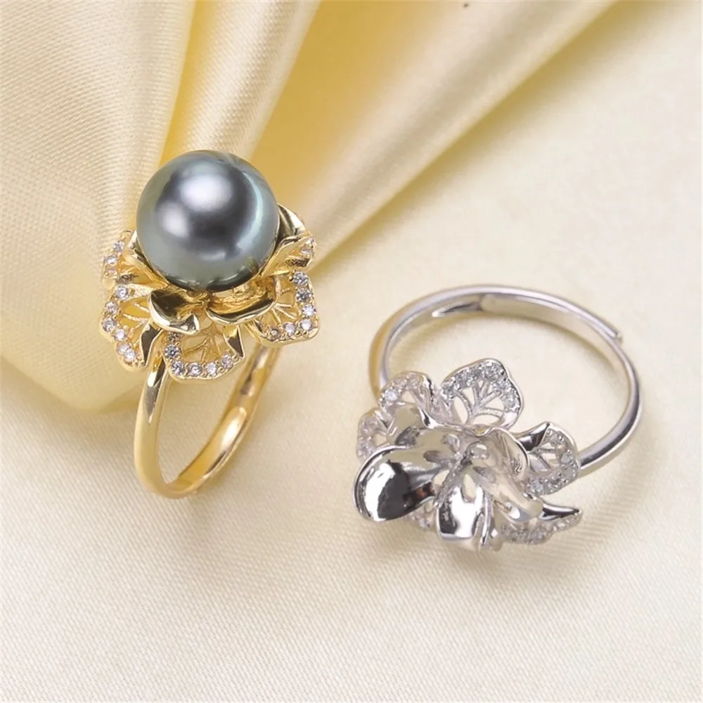 

S925 Silver Sterling Ring Inlaid Zirconia Half Hole Pearl Ring Base Resizable Design DIY Handmade Fine Jewelry Ring Accessories