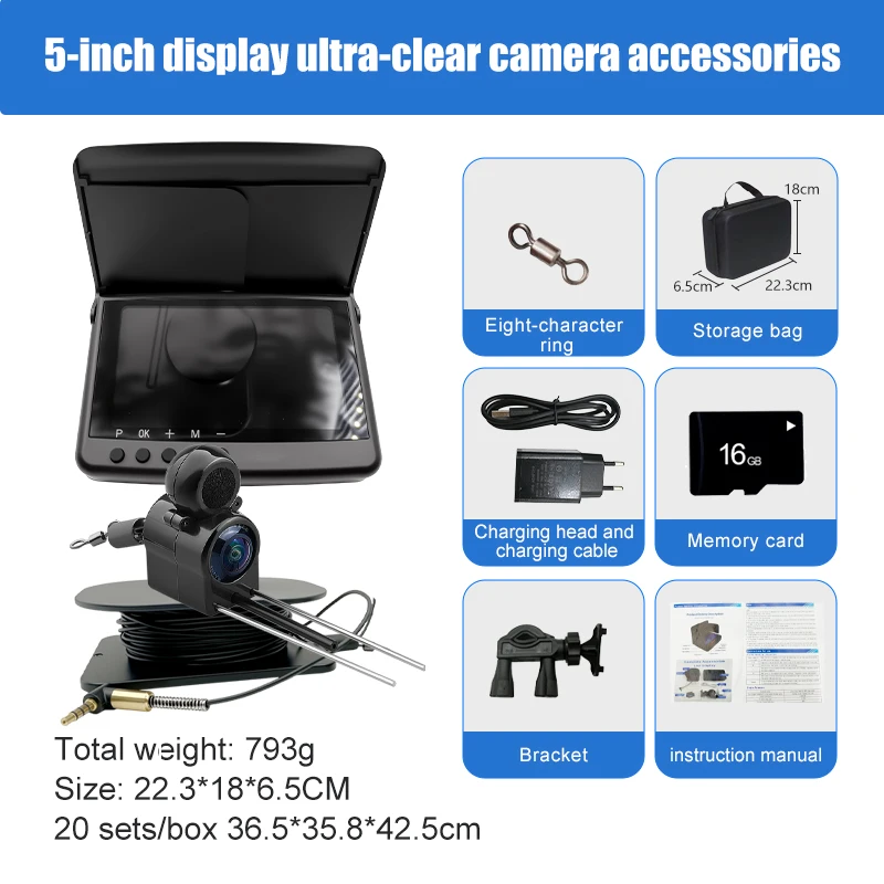 سعر المصنع الأصلي 5 بوصة كاشف السمك المحمول 20 متر IP68 الصيد تحت الماء لصيد الأسماك في الشتاء على الجليد