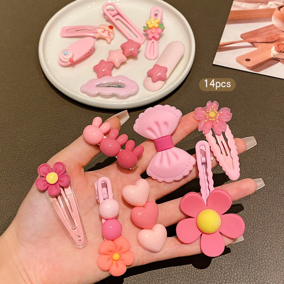 14 pink cartoon cute Korean style hair clips, sweet and fashionable hair accessories suitable for daily use