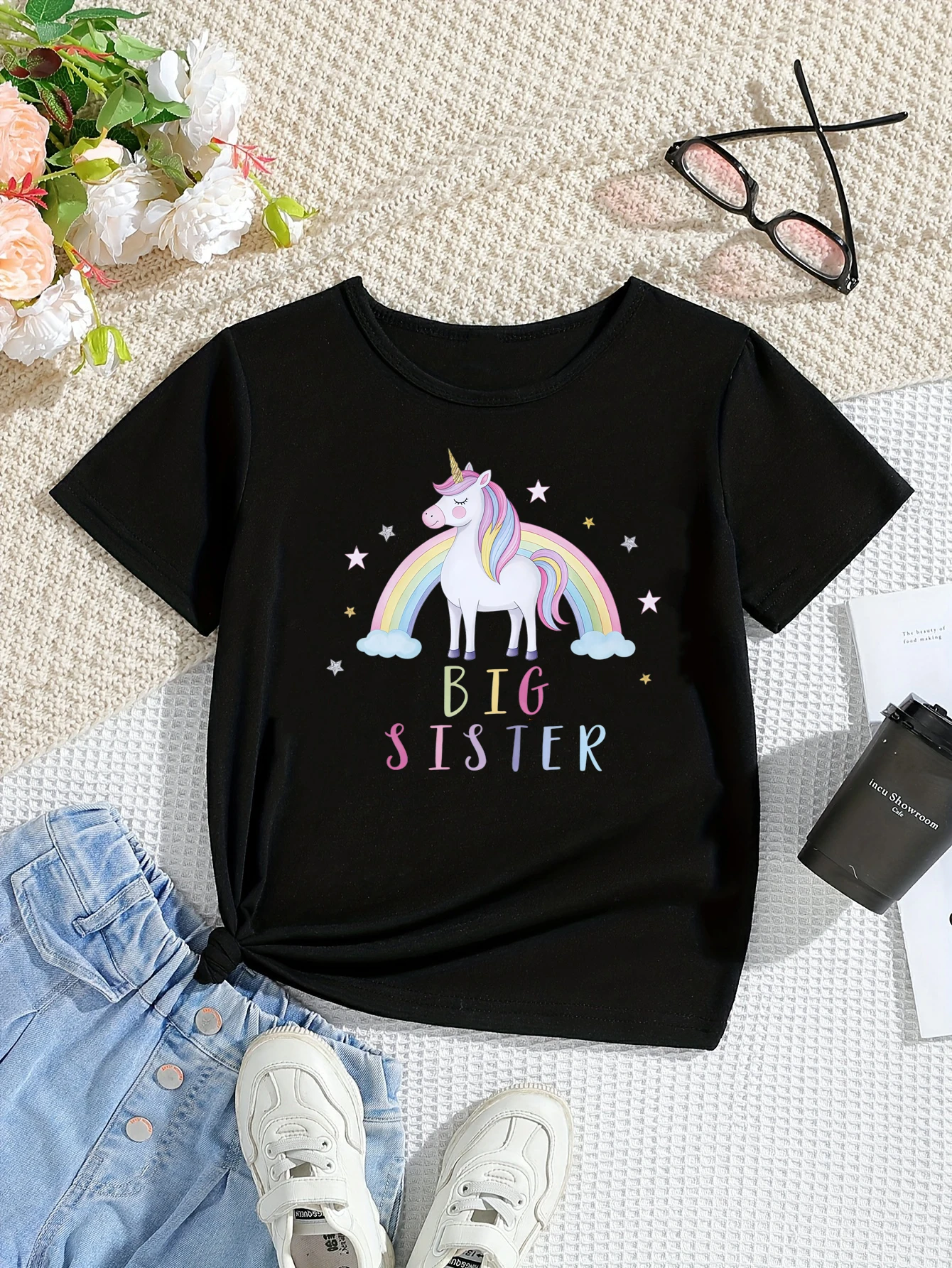 Rainbow Unicorn Big Sister Printed T Shirt Girls Funny Kids Clothes Summer Short Sleeve Shirt