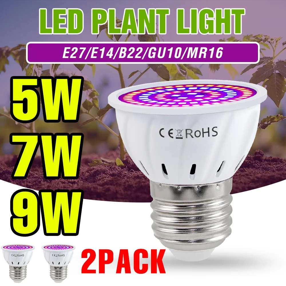 

2pcs E27 LED Grow Light Bulbs E14 Full Spectrum Gu10 Lamp MR16 Plants Cultivation Fill Bulb Indoor Greenhouse Tent Hydroponics