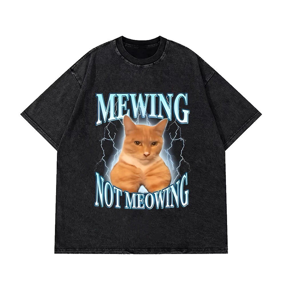 Cat Meme Print Humorous Abstract T-Shirt Women Men Wash Distressed Vintage Tees Unisex Student Casual 100% Cotton Tops