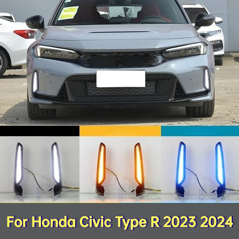 DRL for Honda Civic Type R 2023 2024 Car LED Daytime Running Lights with Amber Turn Signal Night Blue Front Fog Lamps Modified