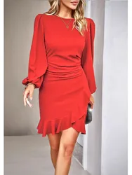 2024 Spring Autumn New Women's Fashion Bubble Sleeve Sexy Slimming Bag Hip Skirt Casual Solid Color Long Sleeve Dress