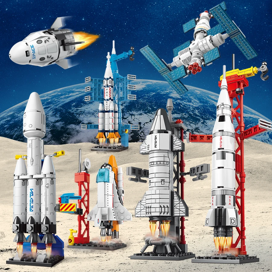 Bloques de construcción aeroespaciales para niños, juguete de partículas pequeñas, nave espacial, dragón, nave espacial, Apollo 5, modelo de ensamblaje de estación espacial, cohete P