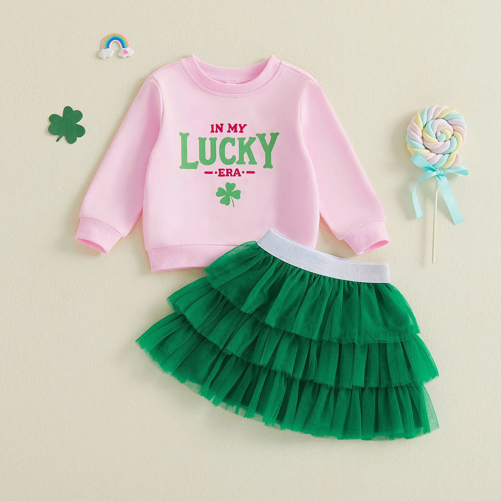 فتاة الأيرلندية يوم تنورة الزي طويلة الأكمام س الرقبة إلكتروني البرسيم طباعة قمم تول تنورة مجموعة #2