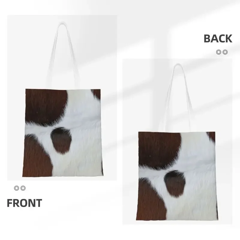 Custom Farmhouse Cow Browm Skin Pattern Shopping Canvas Bag Women Printing Recycling Groceries Cow Cowhide Shopper Tote Bags